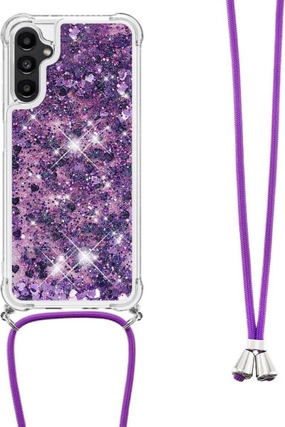 Coverup Hoesje - Geschikt voor Samsung Galaxy A14 Hoesje - Coverup Liquid Glitter Back Cover met Koord - Paars