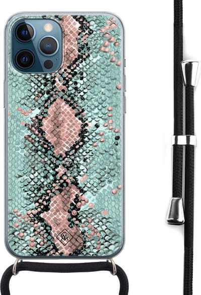 Casimoda® hoesje met koord - Geschikt voor iPhone 12 Pro Max - Slangenprint pastel mint - Afneembaar koord - Siliconen/TPU - Mint