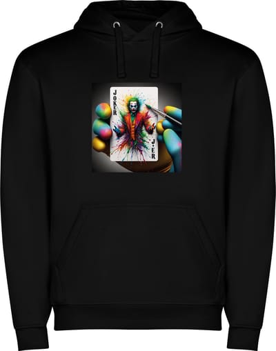 Zwarte unisex hoodie met “ Kleurrijke De Joker Speelkaart – Harten – Schoppen – Klaver – Ruit “ Print Full Color Color merk Roly maat S