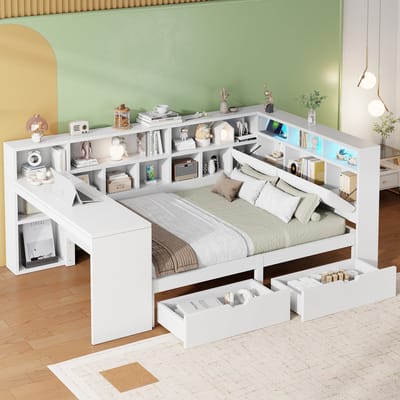 140x200 cm L-vormig gestoffeerd bed met bureau en boekenplank - slaapbank met lades en LED-verlichting - wit