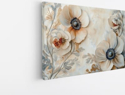 Canvas Schilderij - Vintage Anemonen en Bloemenpatroon - Tijdloze Kunst - Foto op canvas - Wanddecoratie Woonkamer - Landelijke Stijl - 45x30
