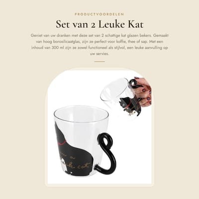 Dailygoods- Glazen Beker 300 ml - Set van 2 - Hoge Borosilicaatglas - Kattenbeker - Transparant Drinkglas - Geschikt voor Sap/Espresso - Koffiemok