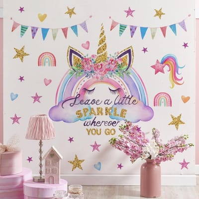 Dailygoody - Eenhoorn Muurstickers - Regenboog Stickers - Peel and Stick Muurkunst - 91,44 x 30,48 cm - Kinderkamer Decoratie - Geschikt voor Meisjes