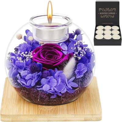Eeuwige roos in glas met lavendelgeurkaarsen - Perfect cadeau voor vrouwen