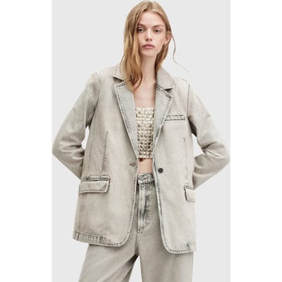 AllSaints Ever Denim Blazer Sand Grey Maat: 2 | Spijkerjassen Outlet | Dames | Grijs