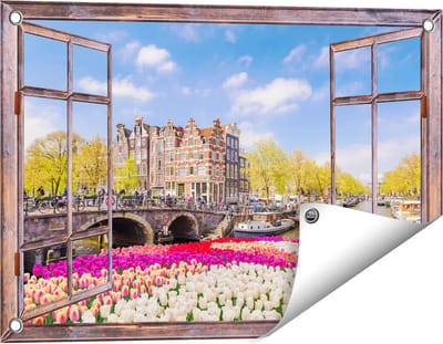 Gards Tuinposter Doorkijk Amsterdamse Huisjes aan de Grachten - 60x40 cm - Tuindoek - Tuindecoratie - Wanddecoratie buiten - Tuinschilderij