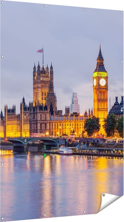 Gards Tuinposter London Big Ben en Westminster Brug - 120x180 cm - Tuindoek - Tuindecoratie - Wanddecoratie buiten - Tuinschilderij