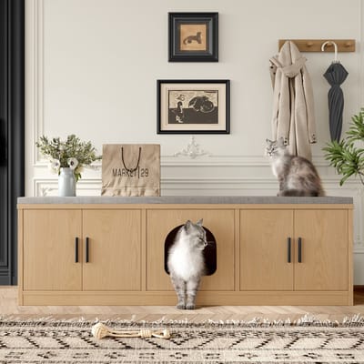 PHOEBE CAT Schoenenbank - Halmeubel - Ingebouwd kattenhuis - 140 x 40 x 45.5 cm - Huisdiermeubilair - Natuurlijke