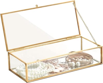 Sieradendoosje Sieradendoos Sieradenorganizer Transparante Glazen Sieraden Doos Europese Sieraden Organizer Box Rechthoek Gouden Metalen Sieraden Opslag Voor Ringen Armband Juwelendoos Juwelenkistje