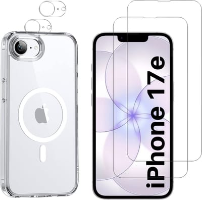 iPhone 17e Hoesje backcover Shockproof siliconen Transparant met geïntegreerde magnetische cirkel + 2 gehard glazen screenprotectors + 2 Camera Protector van glas