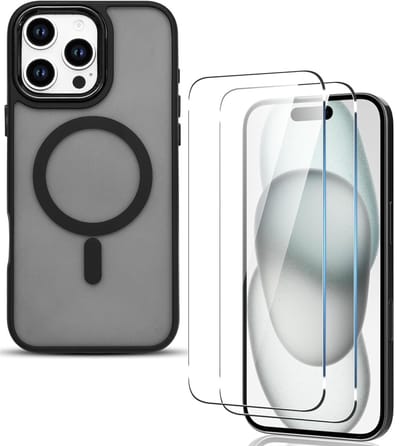 Matte magnetische hoes Geschikt voor: iPhone 16 Pro - Compatibel met MagSafe + 2x Screenprotector - Matte achterkant - Zwart