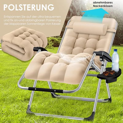Ligstoel - Opvouwbaar Met Bekerhouder - Tuinstoel - Extra Grote Tuinligstoel Met Kussen - Tuinstoel Verstelbaar - Weerbestendig - Maximale 200 kg - Beige