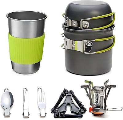 Coemo 7-delige outdoor kookset, groen, campingfornuis, pannenset met rugzakfornuis, roestvrijstalen beker, mes, vork en lepel voor backpacken, kamperen, wandelen en picknicken.