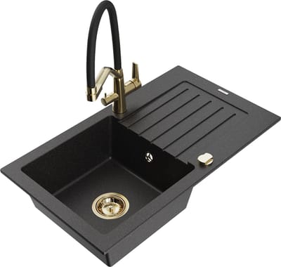 Mexen Pablo granieten gootsteen 1-bak met afdruiprek en keukenkraan Duo, zwart/zilver metallic - 6510-73-671701-57-G