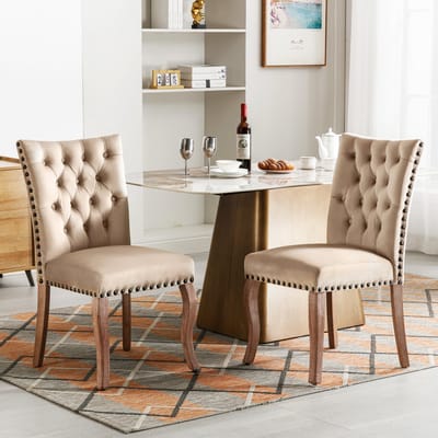 Eetkamerstoelen in Set van 2 - Gestoffeerde stoel, massief houten stoelpoten, Eetkamerstoel Flueel, Eetkamerstoel, Met treklipjes en verstelbare voetjes, Draagvermogen 150KG - Beige