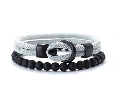 Set van 2 heren armbanden – grijze koordarmband met lus en zwarte kralenarmband