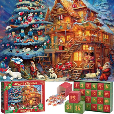 Adventskalender 2025 - 24-daagse kerstadventskalender - Kerstcadeau - Kerstpuzzelset van 1008 stukjes (24 vakjes) (geschikt voor volwassenen, jongens, tieners en meisjes) - Feestcadeau