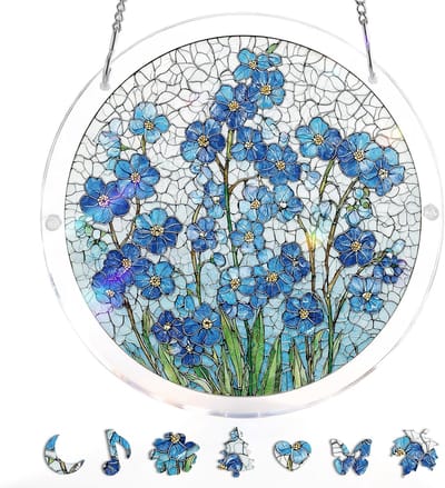 83-delige Acryl Puzzel - Ronde puzzels - Diameter 18cm - hangen - Vergeet-mij-nietje-thema - Acryl Zonnevangerpuzzel - Acryl Zonnevangerpuzzel - Hangende Decoratie in Glas-in-loodstijl - Creatieve Cadeaus voor Moeders，Vrouwen, Echtgenotes, Zussen
