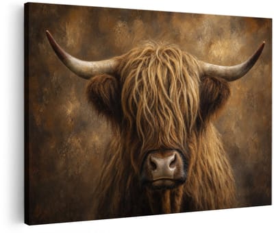 Artaza Canvas Schilderij Schotse Hooglander - Bruin Portret Tegen Een Warme Achtergrond - 90x60 cm - Wanddecoratie Woonkamer - Schilderijen - Muurdecoratie