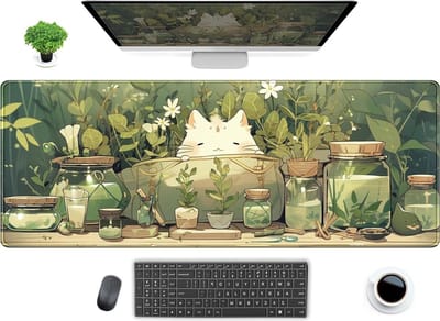 Witte Kat Anime Groene Bladeren Bureaumat XL - Leuke Kawaii Muismat voor Gaming en Kantoordecoratie