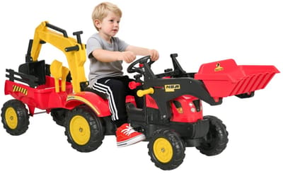 Traptractor met Aanhanger, Voorlader, en Verstelbare Schep - Tractor - Aanhangwagen - Kinderen Rijden-op Constructiewagen - voor Kinderen vanaf 3 jaar - Metalen Frame - Rood