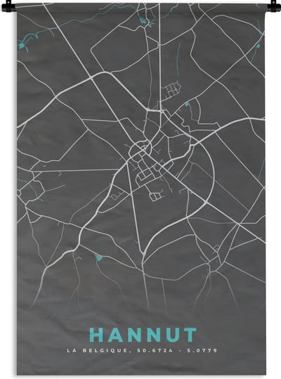 Wandkleed - Wanddoek - Stadskaart – Grijs - Kaart – Hannut – België – Plattegrond - 120x180 cm - Wandtapijt