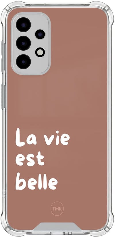 Shockproof hoesje geschikt voor Samsung Galaxy A52 5G - La vie est belle - Schokbestendig - Verhoogde randen - TPU case - Extra Sterke Back Cover - Tekst - Transparant, Bruin
