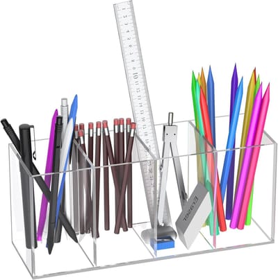 Duidelijke Acryl Pennenhouder voor Bureau met 4 Compartimenten, Organiser voor Kantoor, Thuis en School, Ideaal voor Kantoorbenodigdheden