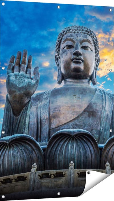Gards Tuinposter Boeddha Beeld bij een Tempel - 80x120 cm - Tuindoek - Tuindecoratie - Wanddecoratie buiten - Tuinschilderij