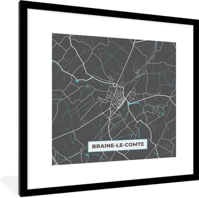 Fotolijst incl. Poster - Plattegrond – Braine le Comte – Blauw – Stadskaart - Kaart - 40x40 cm - Posterlijst