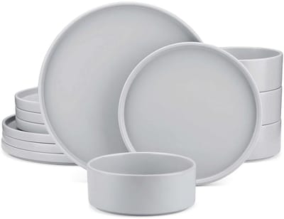 Luxe Serviesset – 12 delig – 4 persoons – Keramisch - Bordenset – Dinner platen – Dessertborden - Kommen - Grijs
