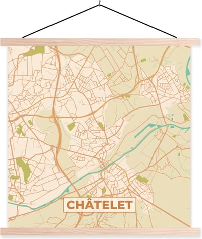 Posterhanger incl. Poster 40x40 cm - Schoolplaat - Plattegrond - Kaart - België - Châtelet - Stadskaart - Textielposter - Blanke latten - Stadskaart