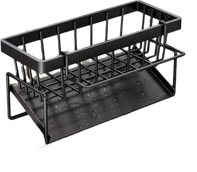 Aanrecht en Keuken Organiser - Rvs Keuken Sink Caddy - Sponshouder met Zelfdraaiende Zeepbak - Afneembare Dakrek voor Keukenwerkblad Organizer - Zwart - 23x11x9cm
