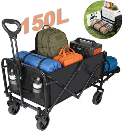 Emvae Bolderkar - Opvouwbare Bolderkar - Bolderwagen - 150L - 75 kg Draagvermogen - Zijvakken - Stalen Frame - Zwart