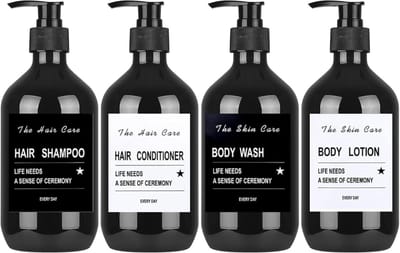 Set van 4 Lege Shampoo Flessen, herbruikbaar, 500 ml Zeepdispenser, Plastic Flessen met Pompje voor Bodylotion Perfect voor Vloeibare Zeep, Shampoo, Conditioner, Douchegel, Trechter, Etiketten