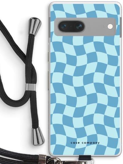 Case Company® - Hoesje met koord geschikt voor Google Pixel 7 hoesje met Koord - Grid Blauw - Telefoonhoesje met Zwart Koord - Bescherming aan alle Kanten en Over de Schermrand