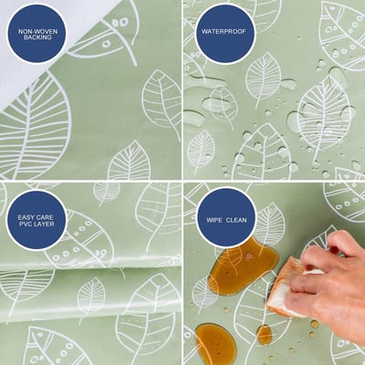 Dailygoods- Tafelkleed PVC - Rechthoekig 140 x 180 cm - Bladeren - Afwasbaar - Geschikt voor keuken/eetkamer/tuin - Saliegroen - Tafelbedekking