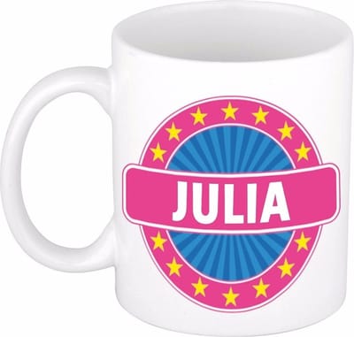 Bellatio Decorations - Julia voornaam - koffiemok - beker - wit/roze - 300 ml - Cadeau - Dames - Collega - Moederdag - Verjaardag
