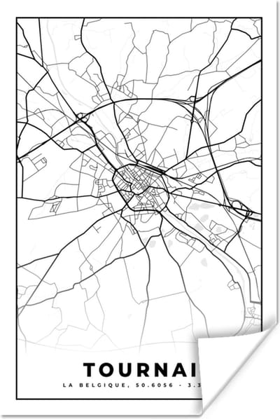Poster Zwart Wit – België – Plattegrond – Stadskaart – Kaart – Tournai - 120x180 cm XXL