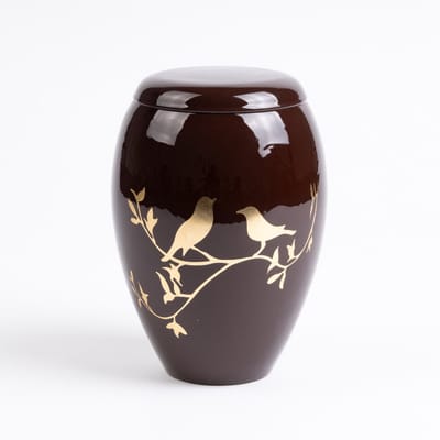 Messing Urn Groot 2 liter Bruin met Goudkleurig Vogelmotief - Urn voor Menselijke As - Crematie Urn voor As Volwassenen - Dieren Urn voor As Crematie - Urn Hond - Urn Kat