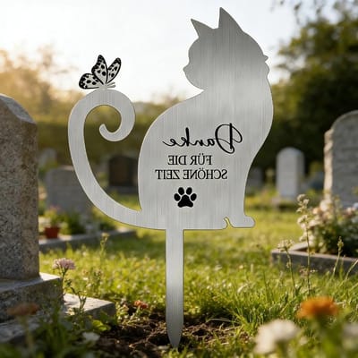 Weerbestendige grafsteker van roestvrij staal in kattenvorm voor buitengebruik, duurzame grafsieraad en herdenkingsdecoratie