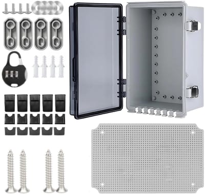 Waterdichte distributiekast van ABS kunststof, IP66, grote capaciteit, met basisplaat en codeslot, geschikt voor buitengebruik en installatieaccessoires
