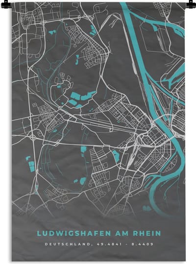 Wandkleed - Wanddoek - Duitsland – Blauw – Ludwigshafen am Rhein – Stadskaart – Kaart – Plattegrond - 120x180 cm - Wandtapijt
