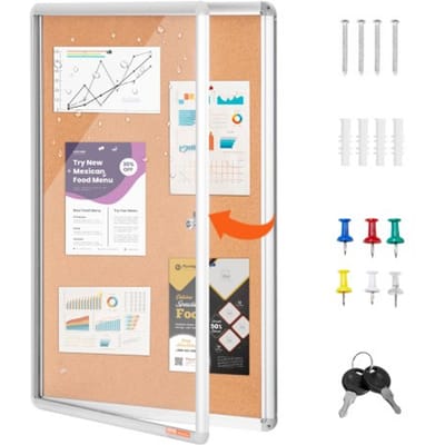 VEVOR 36"x24" gesloten kurkbord met aluminium frame - afsluitbaar prikbord met acryl deur en 2 sleutels - weerbestendige wanddisplay voor school, thuis, kantoor