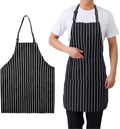 Dailygoods- Keukenschort 2 Stuks - Verstelbaar - Zwart-wit Gestreept - Duurzaam Polyester - Met Zak - Geschikt voor Koks - Koksenschort
