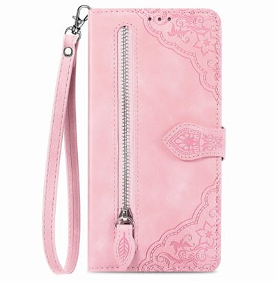 Telefoonhoesje geschikt voor Samsung Galaxy A36 5G / A56 5G - Portemonnee met rits - book-case hoesje - ruimte voor 7 pasjes - mandala bloemen roze