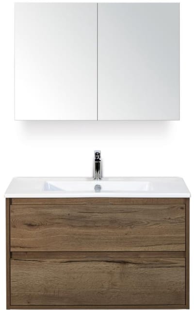 Porto Badmeubelset 90 cm - Tabacco - Keramische Wastafel Wit Slim met Spiegelkast