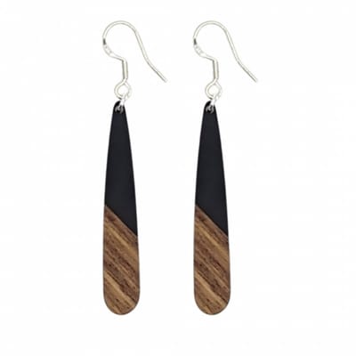 Oorbellen -langwerpig ovaal hout-zwart-zilver Mignon -Charme Bijoux