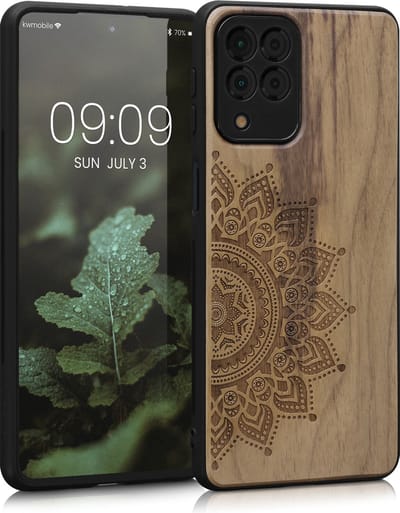 kwmobile telefoonhoesje geschikt voorSamsung Galaxy M53 5G - Hoesje met bumper - hout - In donkerbruin Opkomende Zon design