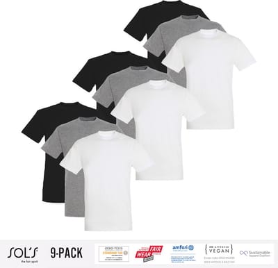 9 Pack Sol's Heren T-Shirt 100% biologisch katoen Ronde hals Zwart, Grijs en Wit Maat S